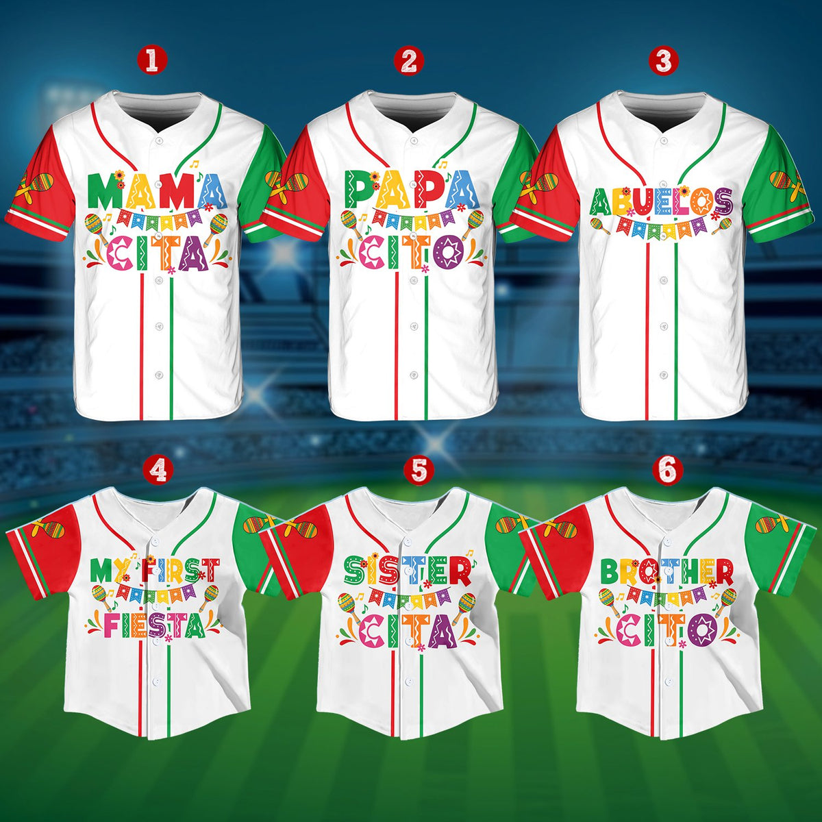Close up front view of the Mexican fiesta baseball jersey showing green and red details
