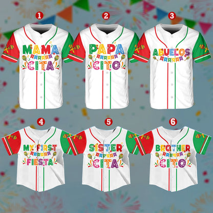 Flat lay front view of the personalized Mexican fiesta baseball jersey