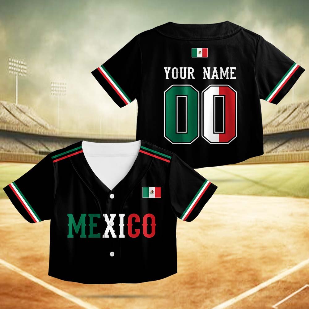 Black Mexico baseball jersey featuring custom name and number, main view