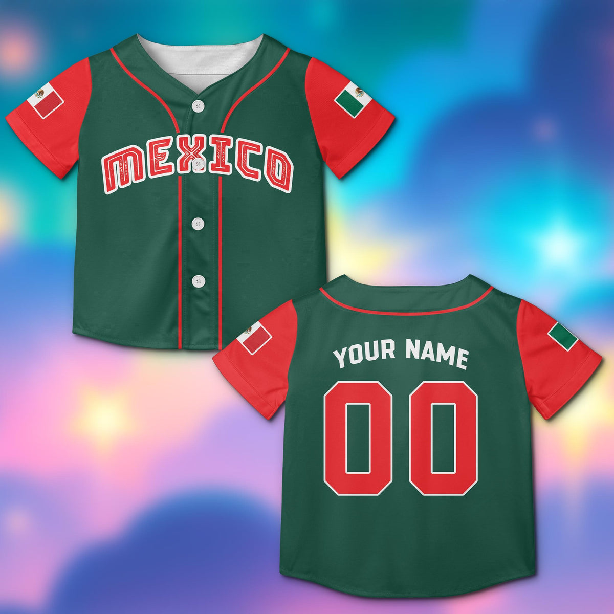 Personalized green mexico baseball jersey, front view