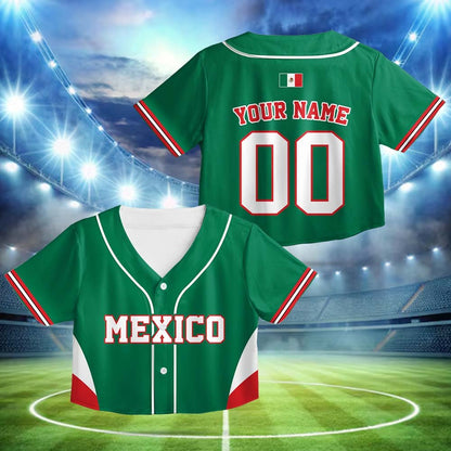 Detailed front view of green Mexico baseball jersey