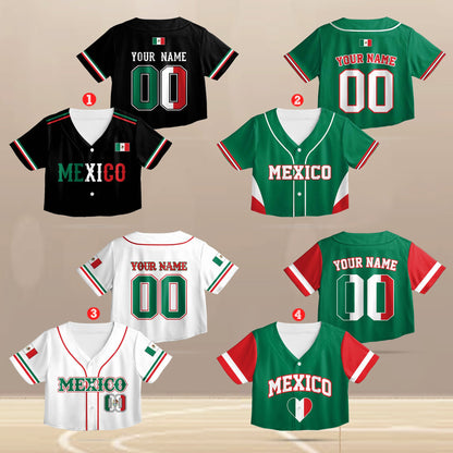 Detailed front view of multicolor Mexico baseball jersey