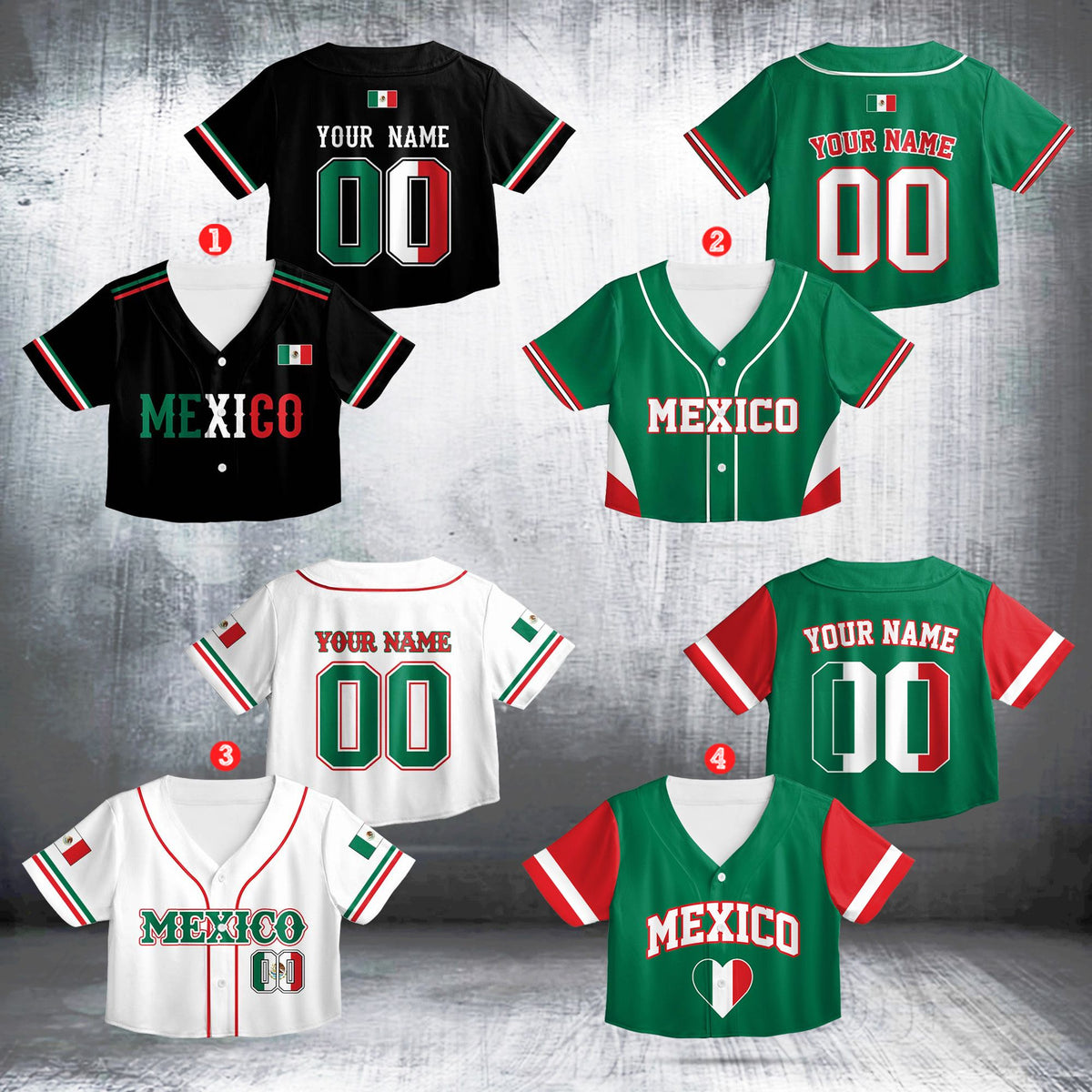 Front view of multicolor Mexico custom baseball jersey