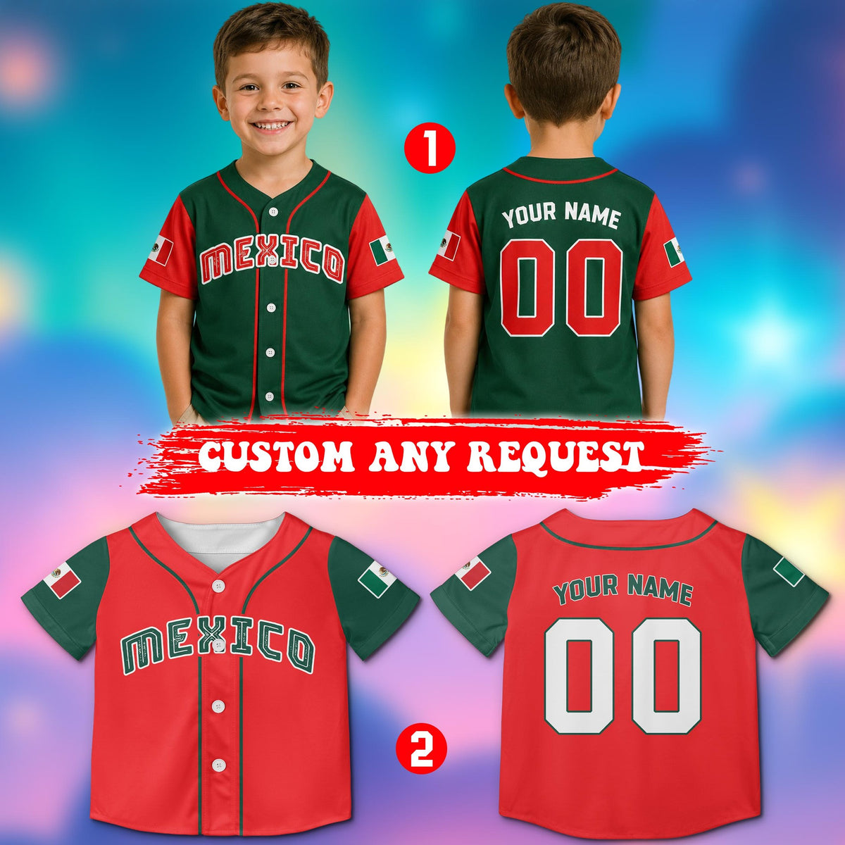 Multicolor view of the personalized mexico baseball jersey