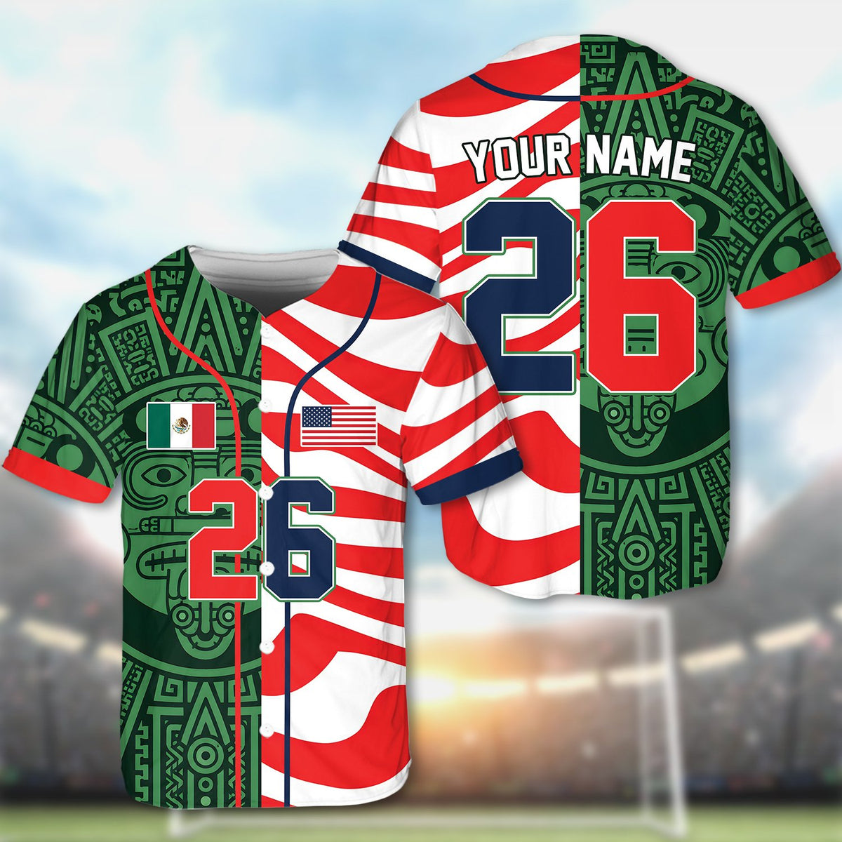 Close up of the custom name and number on the split flag baseball jersey front