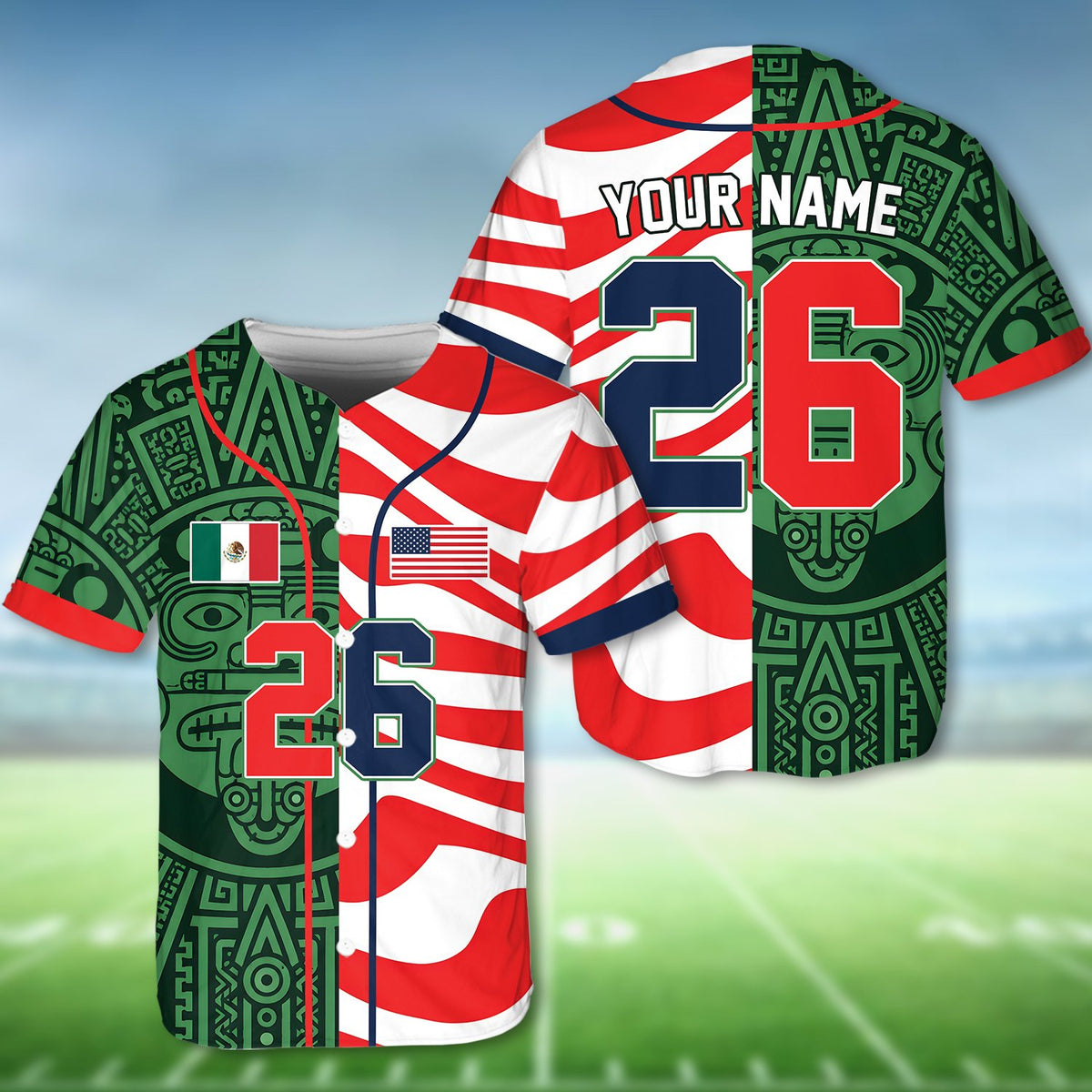 Full front view of the custom baseball jersey with Mexican and US flags