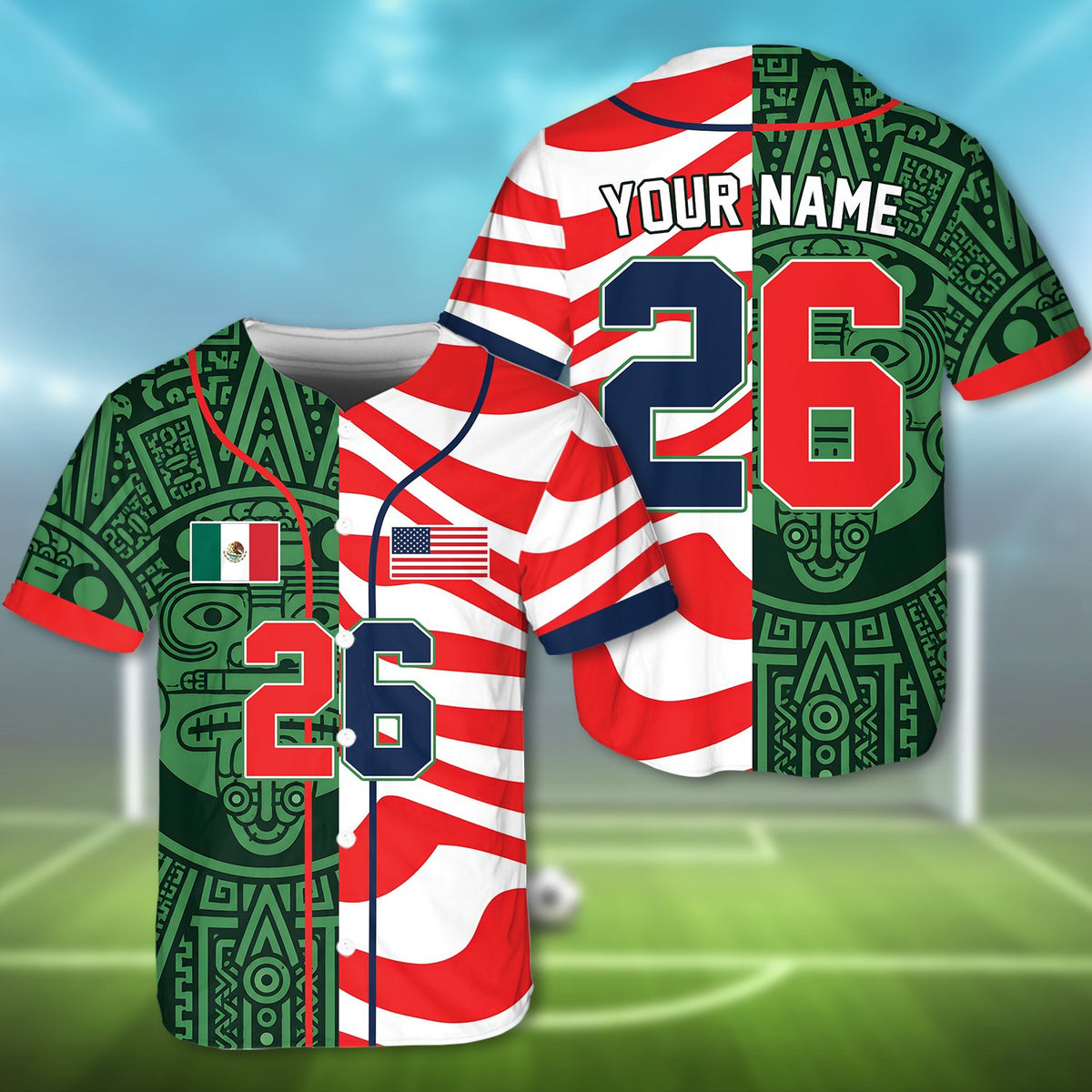 Front detail of the personalized green mexico baseball jersey featuring Aztec and USA flag patterns