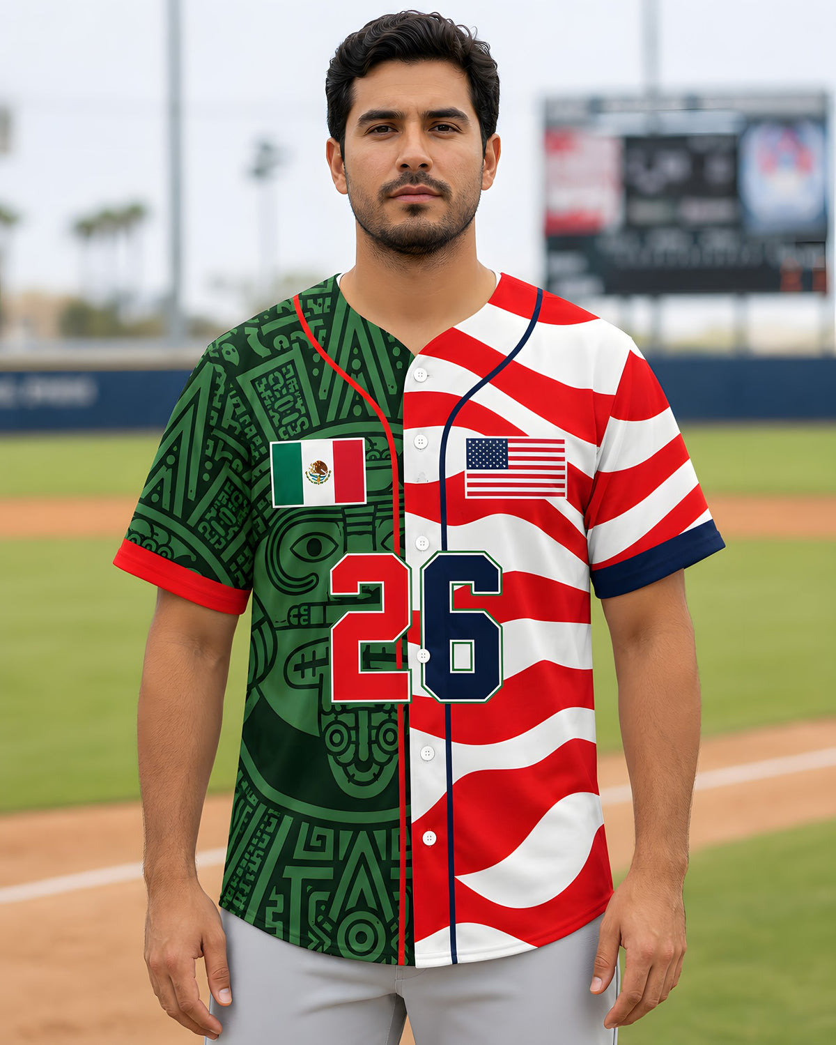 Adult wearing the personalized green mexico baseball jersey outdoors