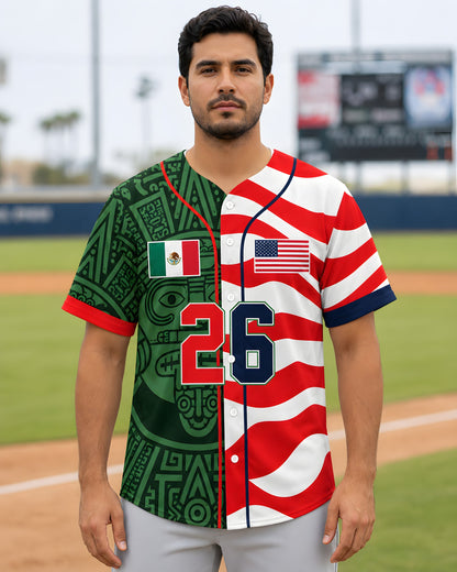 Adult wearing the personalized green mexico baseball jersey outdoors