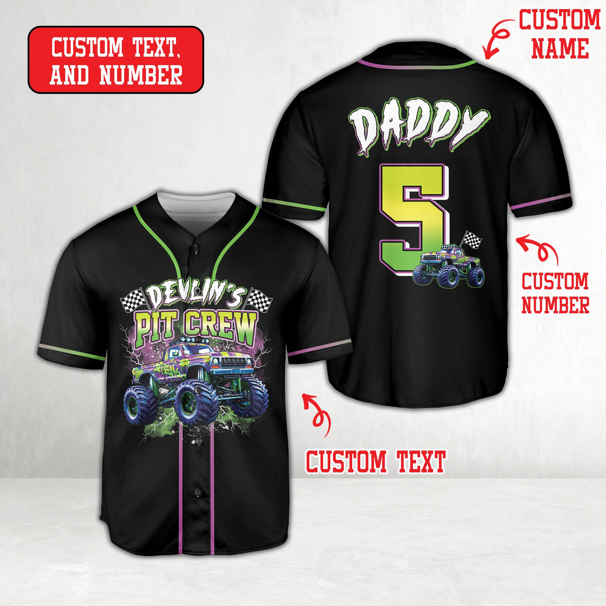 Black monster truck birthday baseball jersey with custom name and number, main view