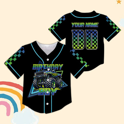 Black custom baseball jersey with monster truck design, front view