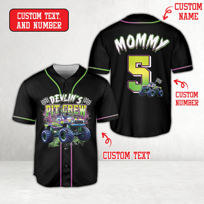 Close up front view of monster truck birthday baseball jersey in black, green, and purple