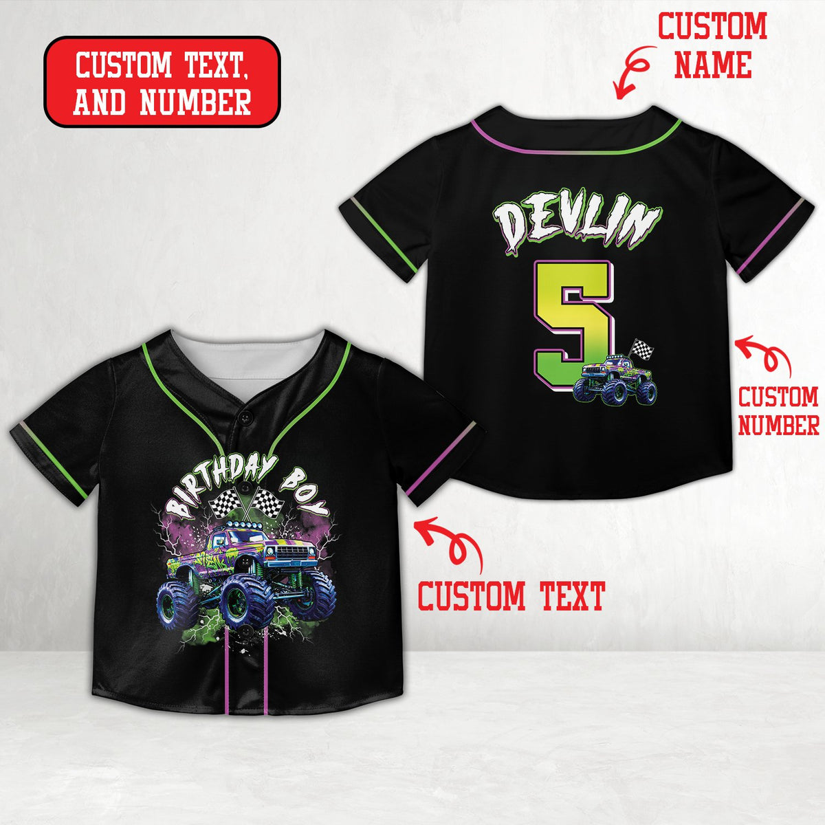 Another front view of the custom baseball jersey with monster truck design