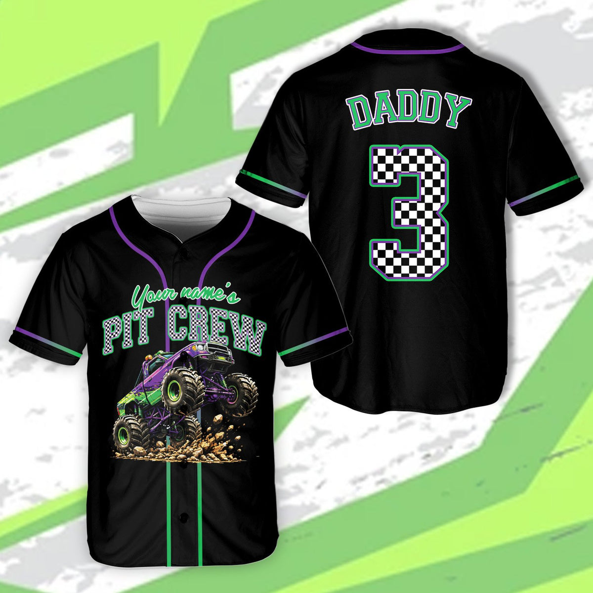 Monster truck birthday baseball jersey black front angle 4