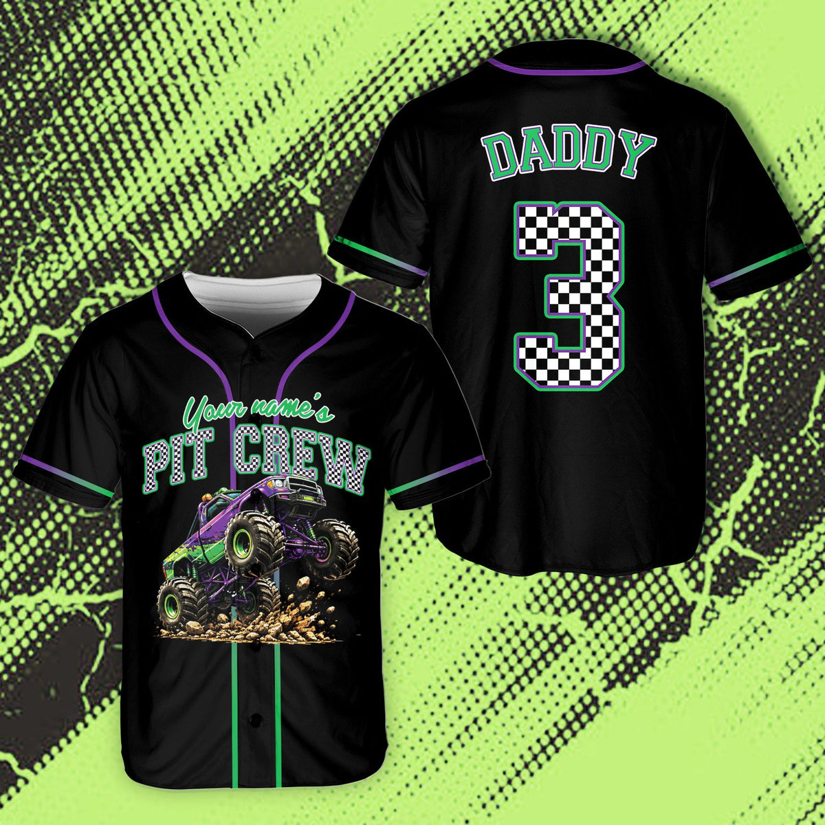 Monster truck birthday baseball jersey black front angle 5