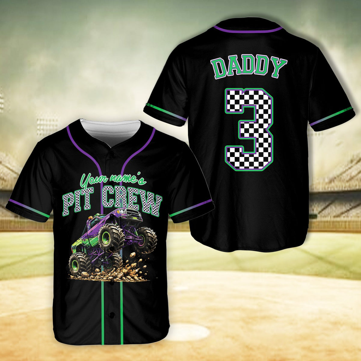 Monster truck birthday baseball jersey black front angle 6