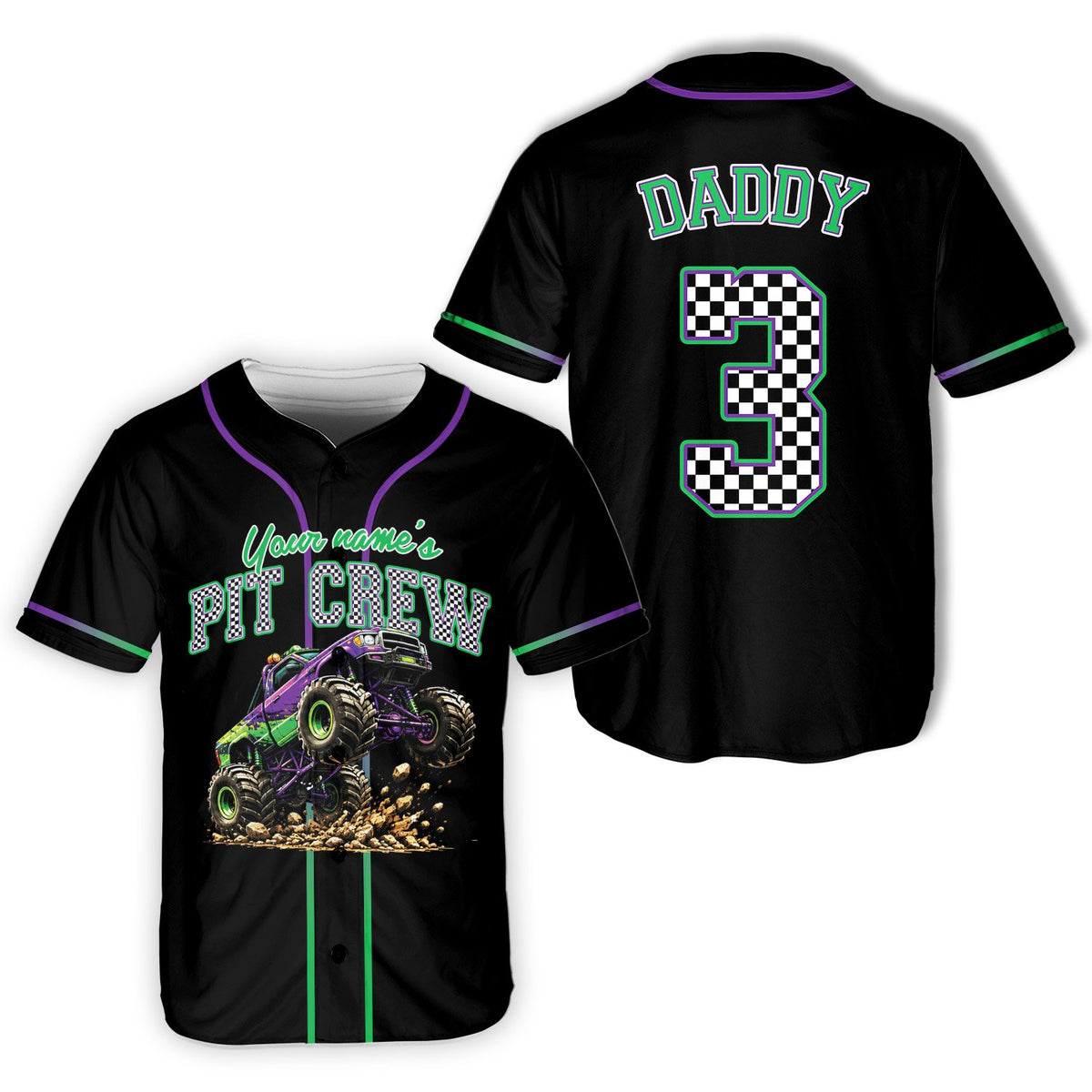 Monster truck birthday baseball jersey in black with custom name and number, main view