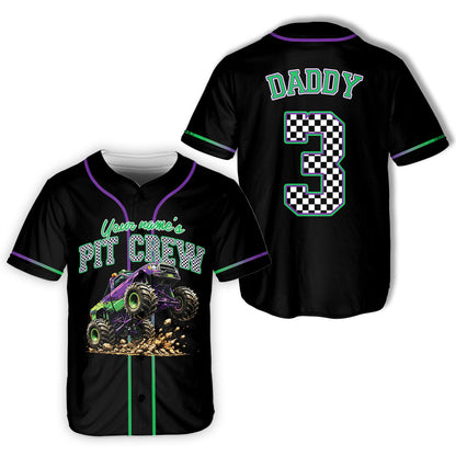 Monster truck birthday baseball jersey in black with custom name and number, main view