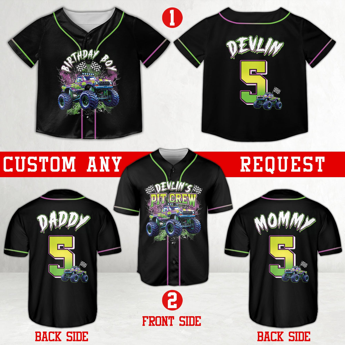 Front view of personalized monster truck birthday baseball jersey with checkered flags
