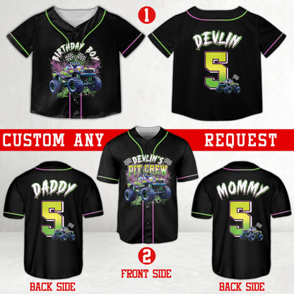 Front view of personalized monster truck birthday baseball jersey with checkered flags