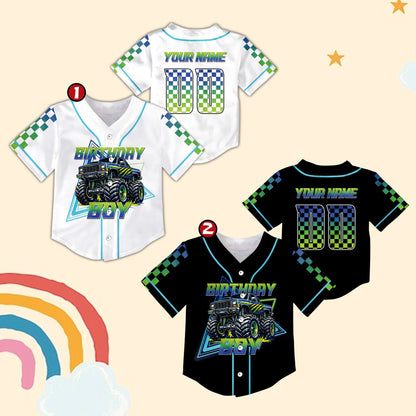 Mommy of the birthday boy monster truck baseball jersey, front view