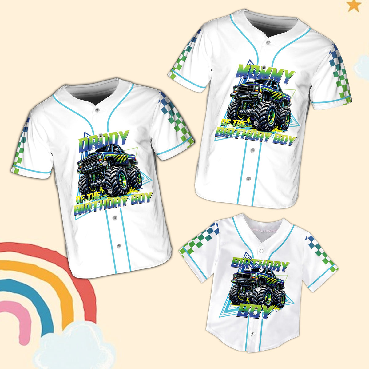 Birthday boy monster truck baseball jersey with checkered sleeves, front view