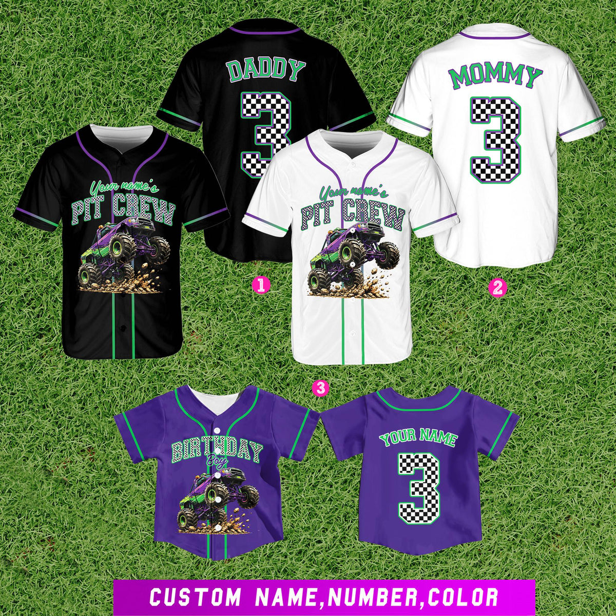 Monster truck birthday baseball jersey multicolor front angle 2