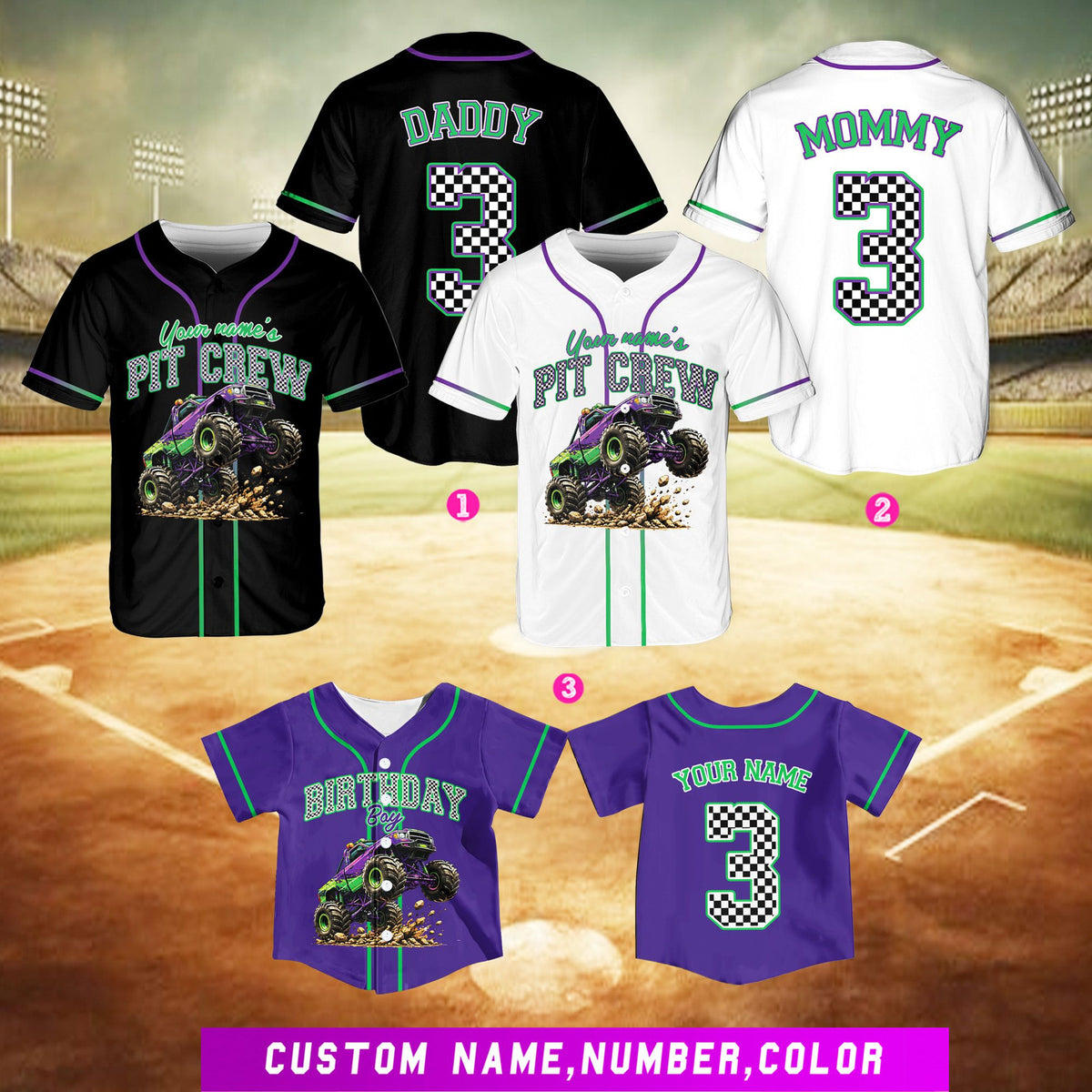 Monster truck birthday baseball jersey multicolor front angle 3