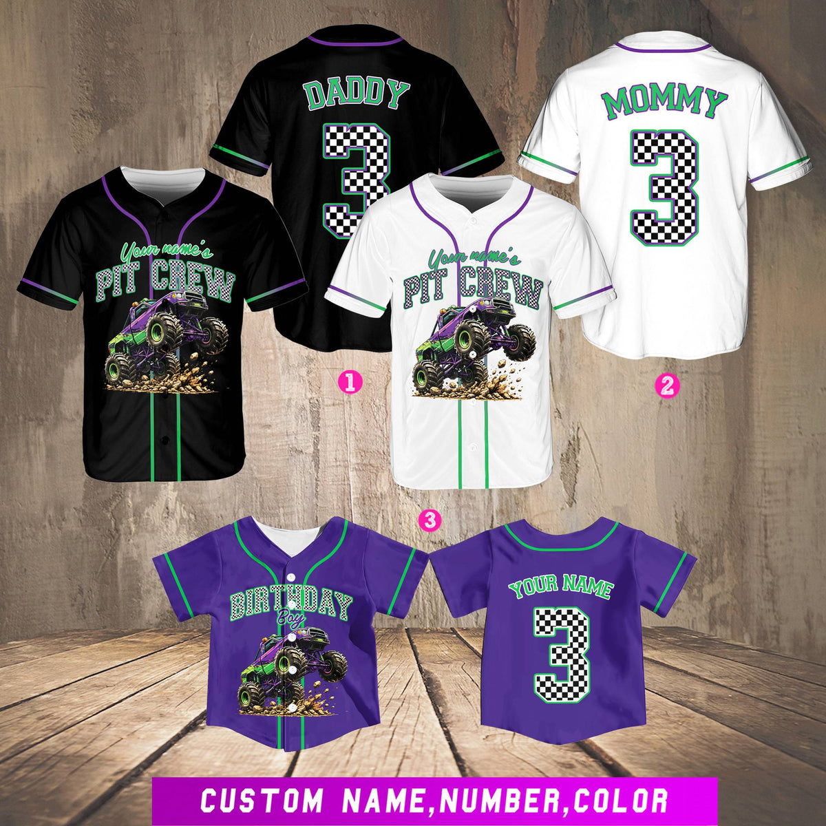 Monster truck birthday baseball jersey multicolor front view