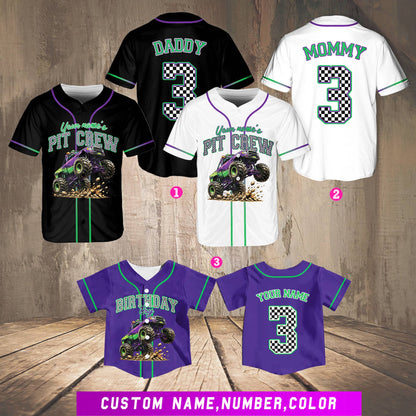 Monster truck birthday baseball jersey multicolor front view