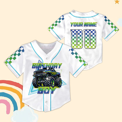 White monster truck birthday baseball jersey, personalized design front view