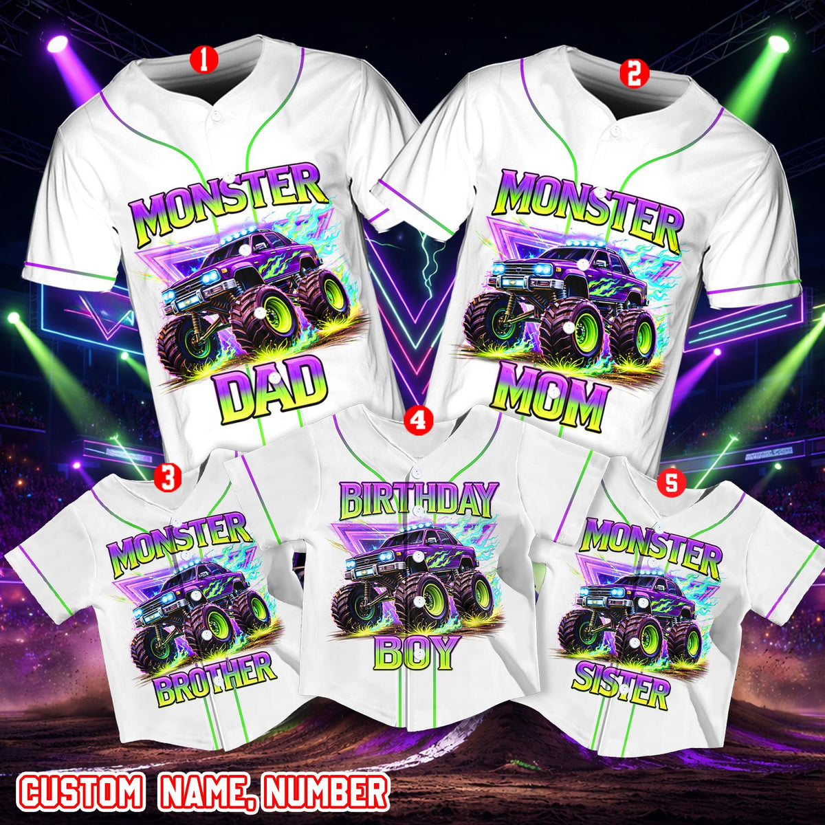 Front detail of the custom baseball jersey with monster truck and flames