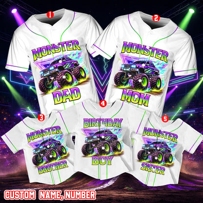Front detail of the custom baseball jersey with monster truck and flames