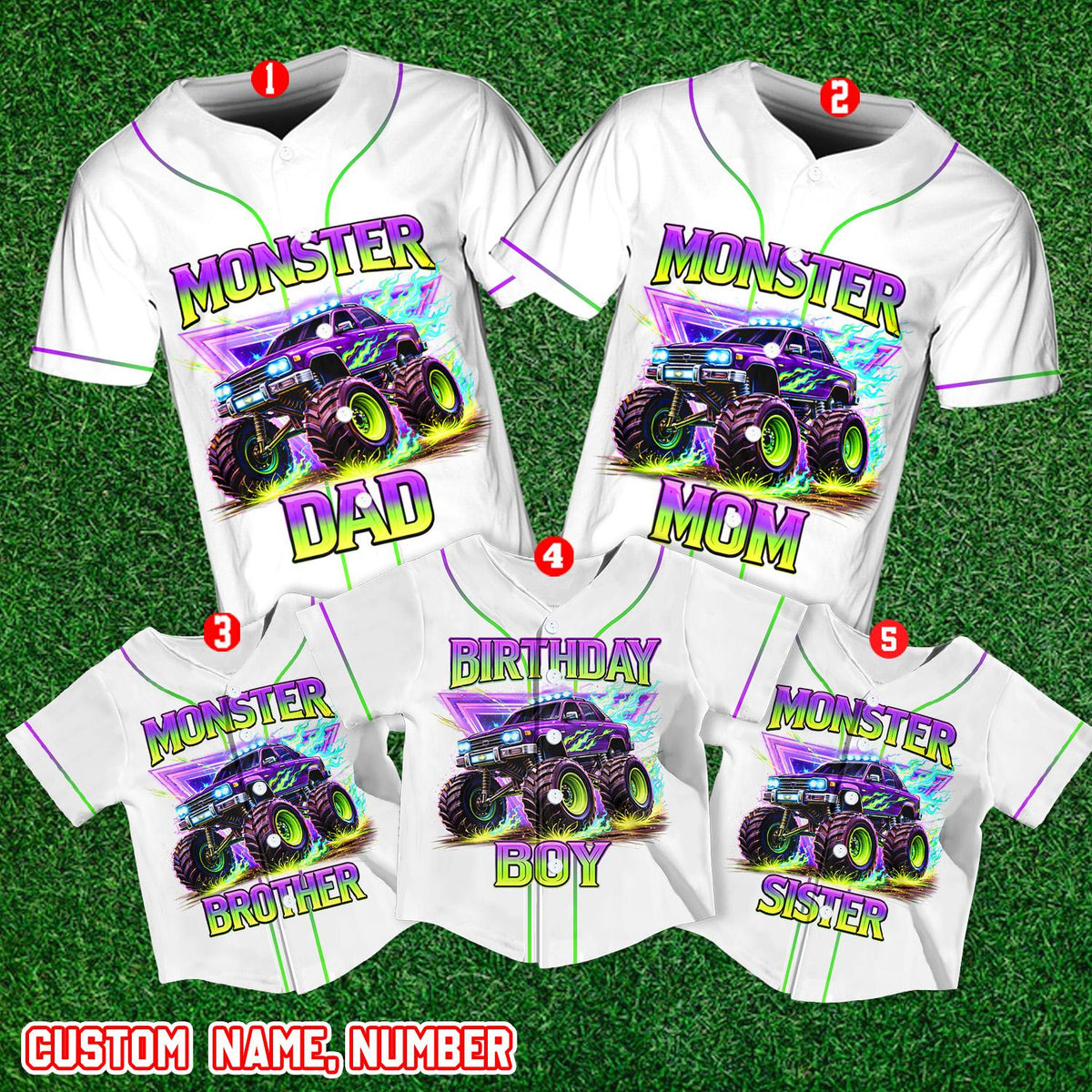 Another front view of the monster truck birthday baseball jersey
