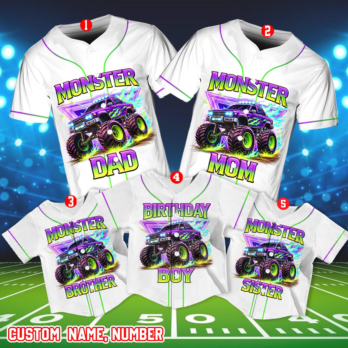 Front view showing neon green and purple piping on the baseball jersey