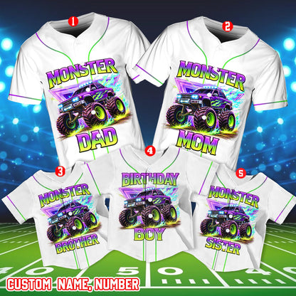 Front view showing neon green and purple piping on the baseball jersey