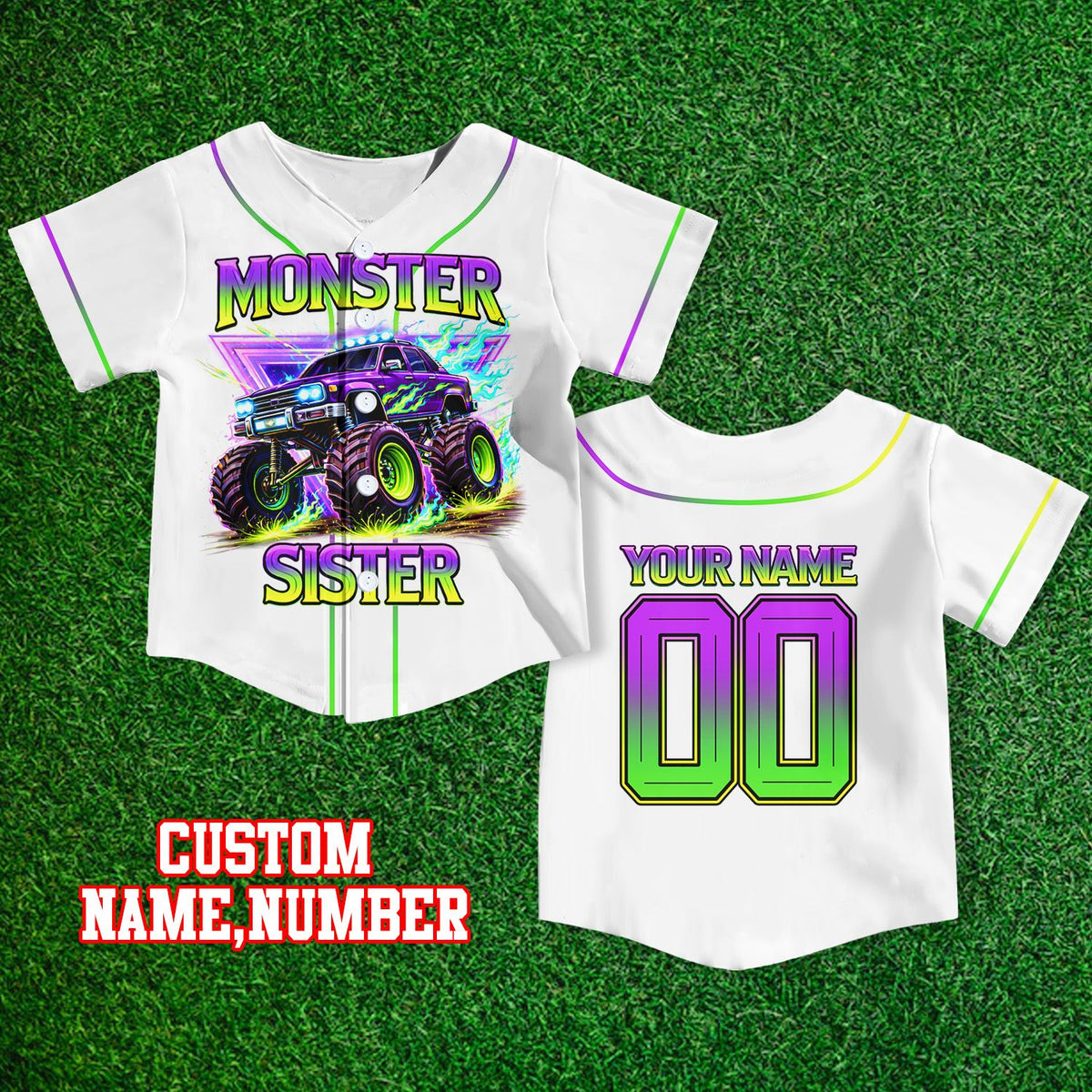 Side angle view of the monster truck baseball jersey