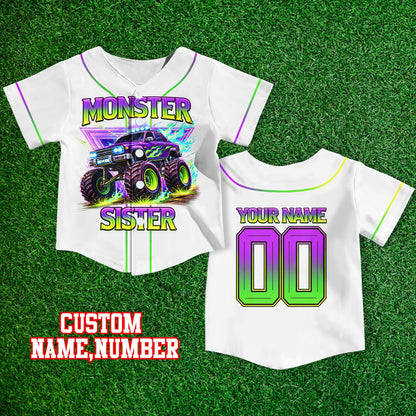 Side angle view of the monster truck baseball jersey
