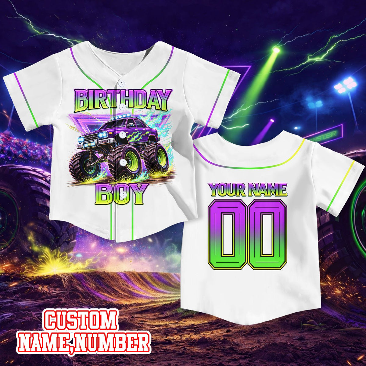 Detailed view of the vibrant neon monster truck design