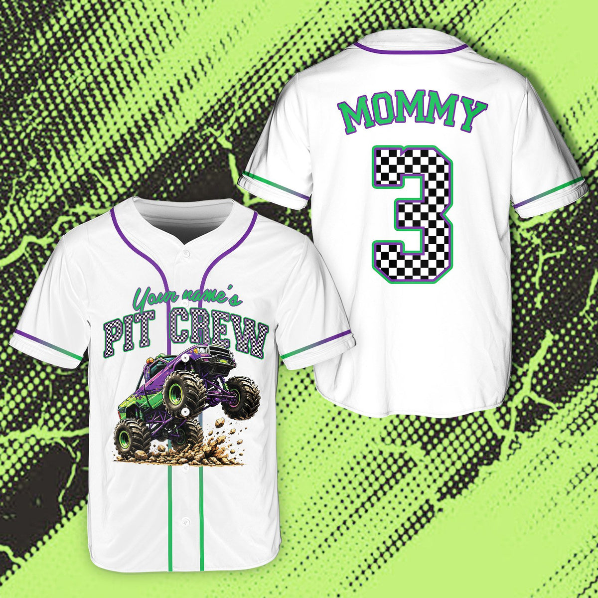 Monster truck birthday baseball jersey white front angle 8