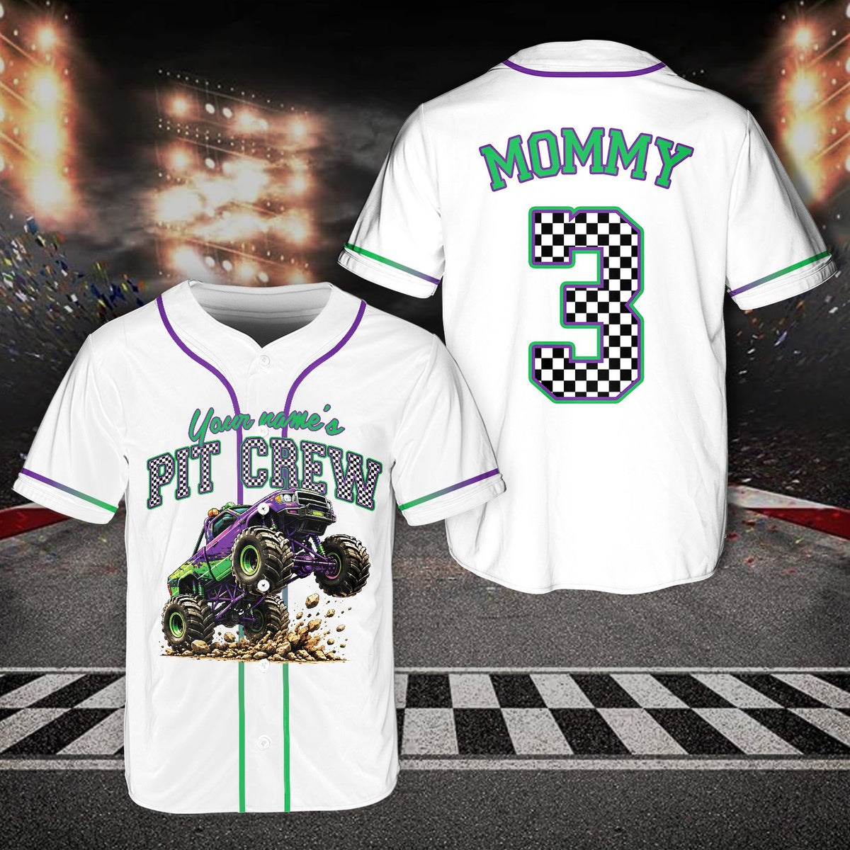 Monster truck birthday baseball jersey white front angle 9
