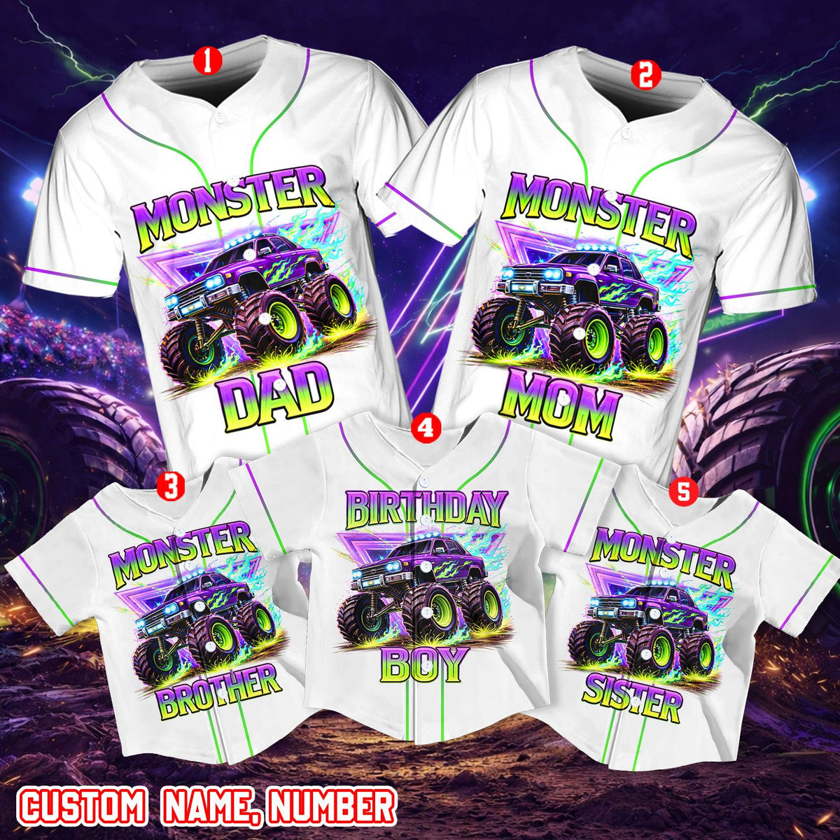 Front view of the personalized baseball jersey featuring neon monster truck design
