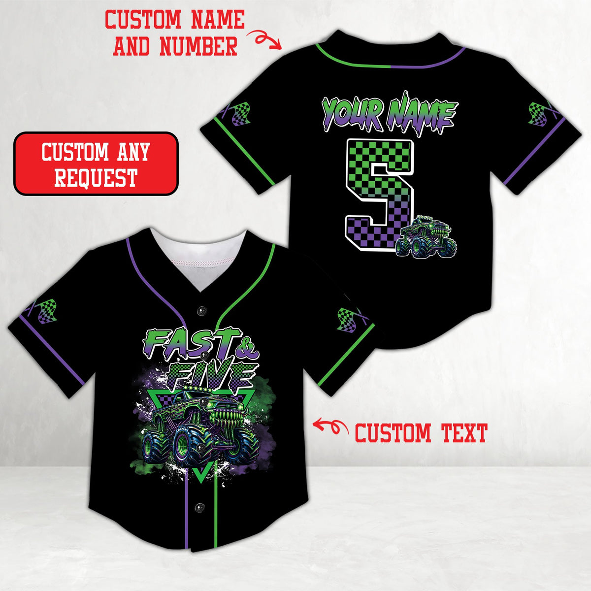Detailed front view of black monster baseball jersey