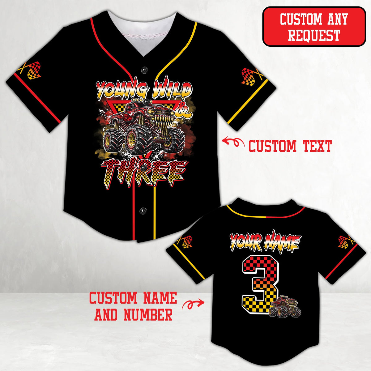 Main view of the personalized monster baseball jersey featuring a red monster truck on a black background