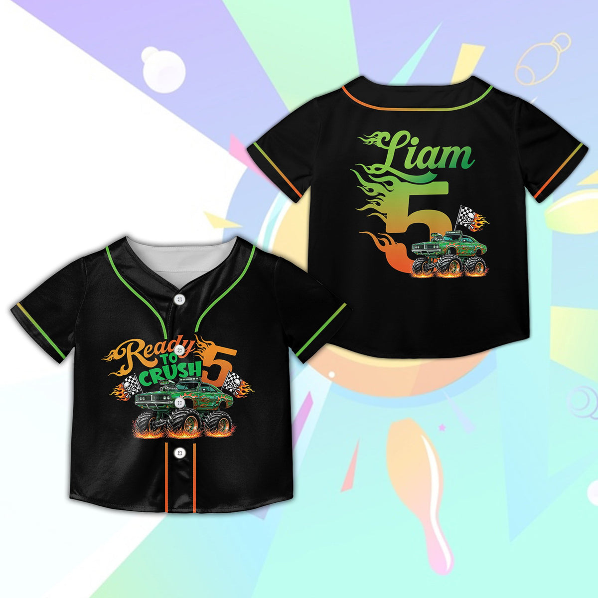 Black monster truck baseball jersey, front view 4