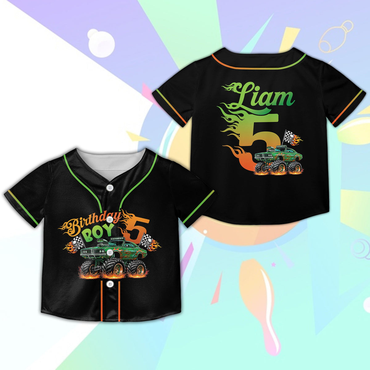 Black monster truck baseball jersey, front view 5