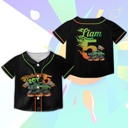 Black monster truck baseball jersey, front view 5