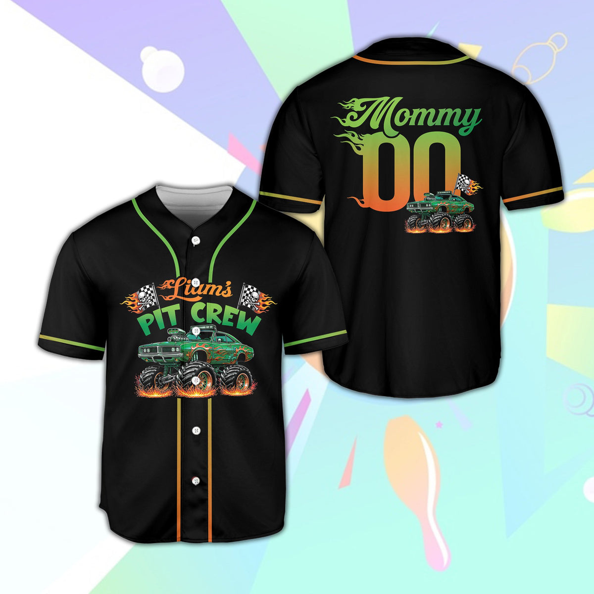 Black monster truck baseball jersey, front view 6