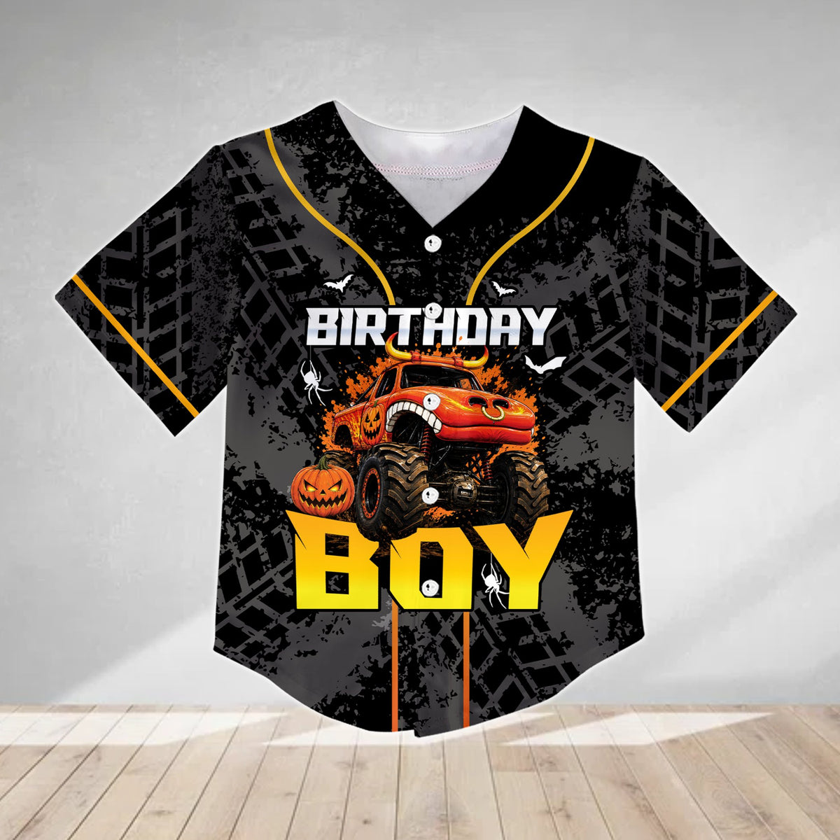 Black monster truck halloween birthday baseball jersey, main view showing front design