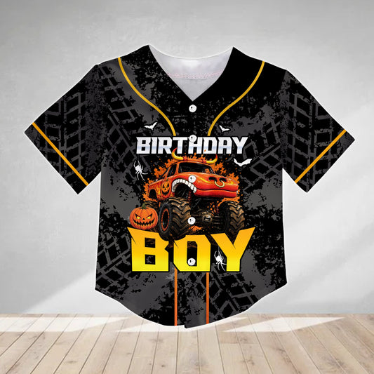 Black monster truck halloween birthday baseball jersey, main view showing front design